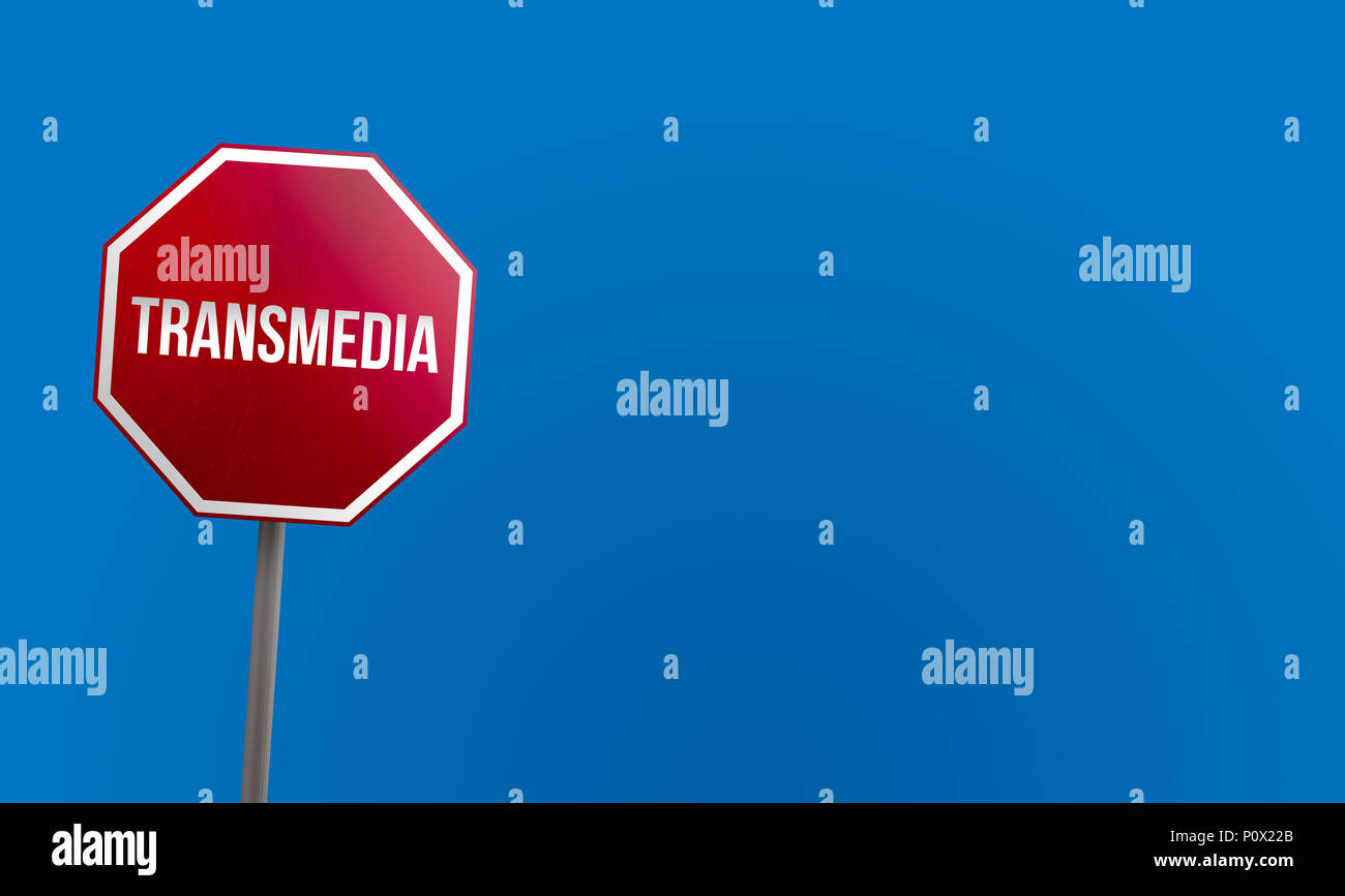 Transmedia - red sign with blue sky Stock Photo