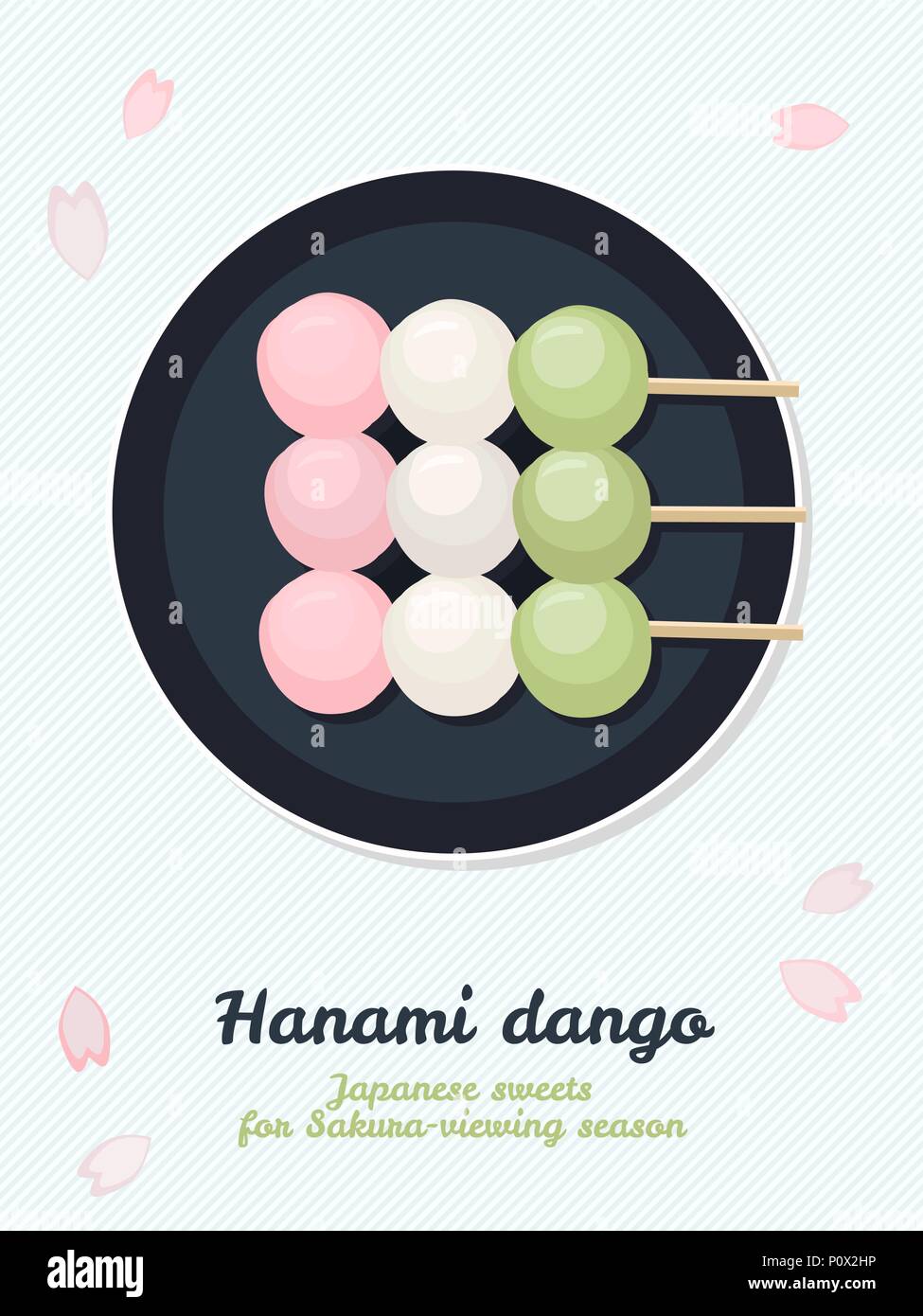 Hanami Dango. Japanese sweets for sakura season. Spring snack. Asian cuisine. Sweet dumplings made from rice flour. Spring colors. Stock Vector