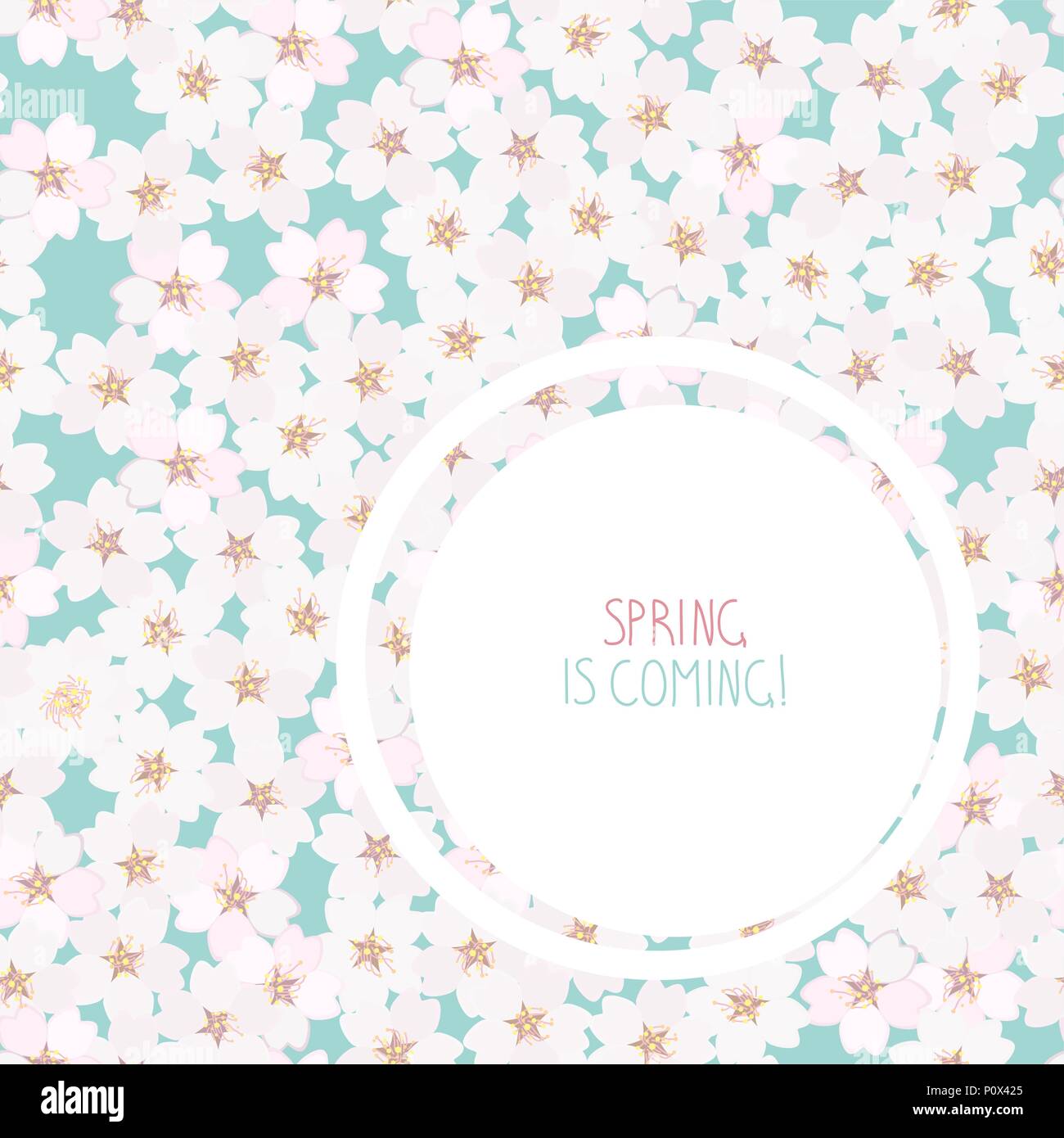 'Spring is coming!' postcard. Cherry blossom. Sakura flowers. Endless floral background with copy space. Hanami. Japanese Culture. Cherry blossom view Stock Vector