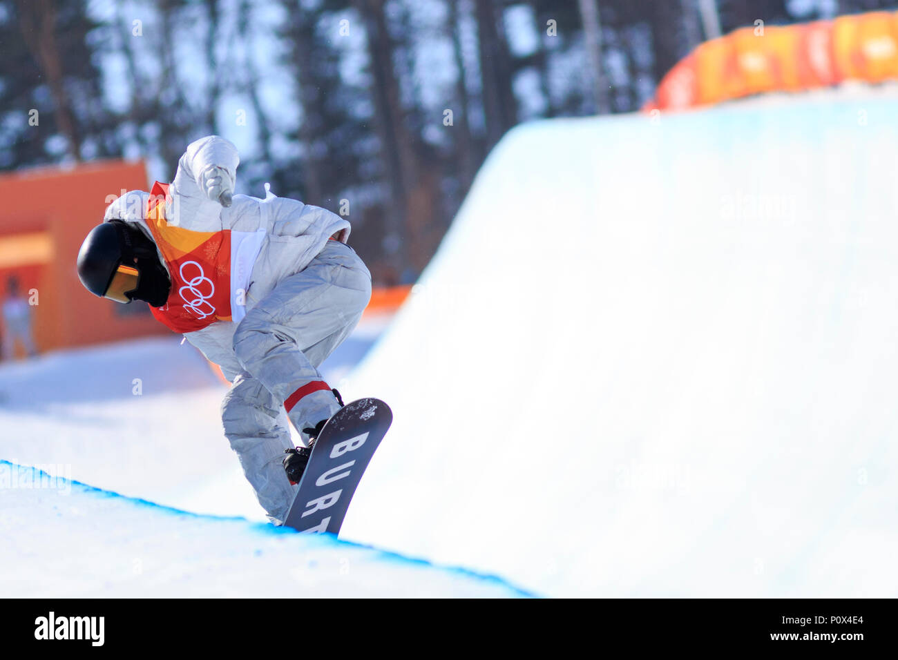 Shaun White (USA) competing in qualification in the Men's Snowboarding Half Pipe at the Olympic