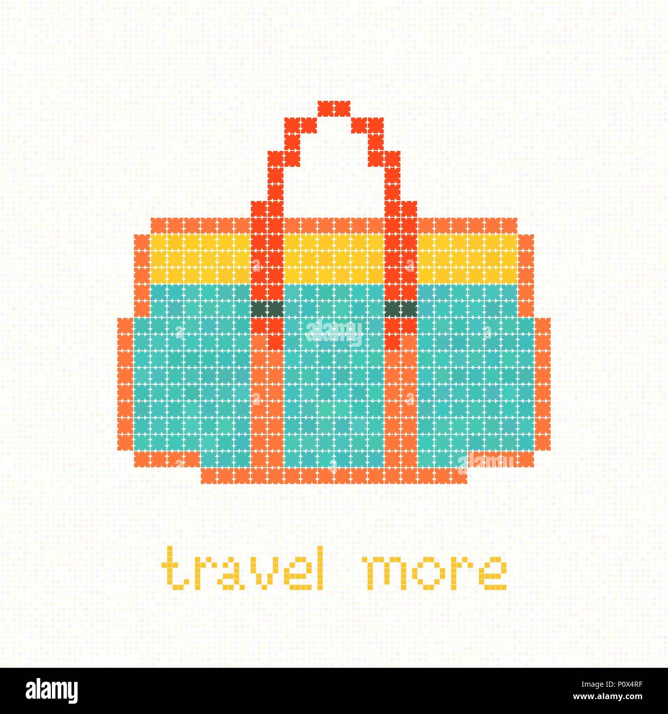 Travel more! Pixel art postcard. Green bag with orange straps and yellow top. Trendy hipster Handbag. Woman casual purse. Bright colored travel bag. Stock Vector