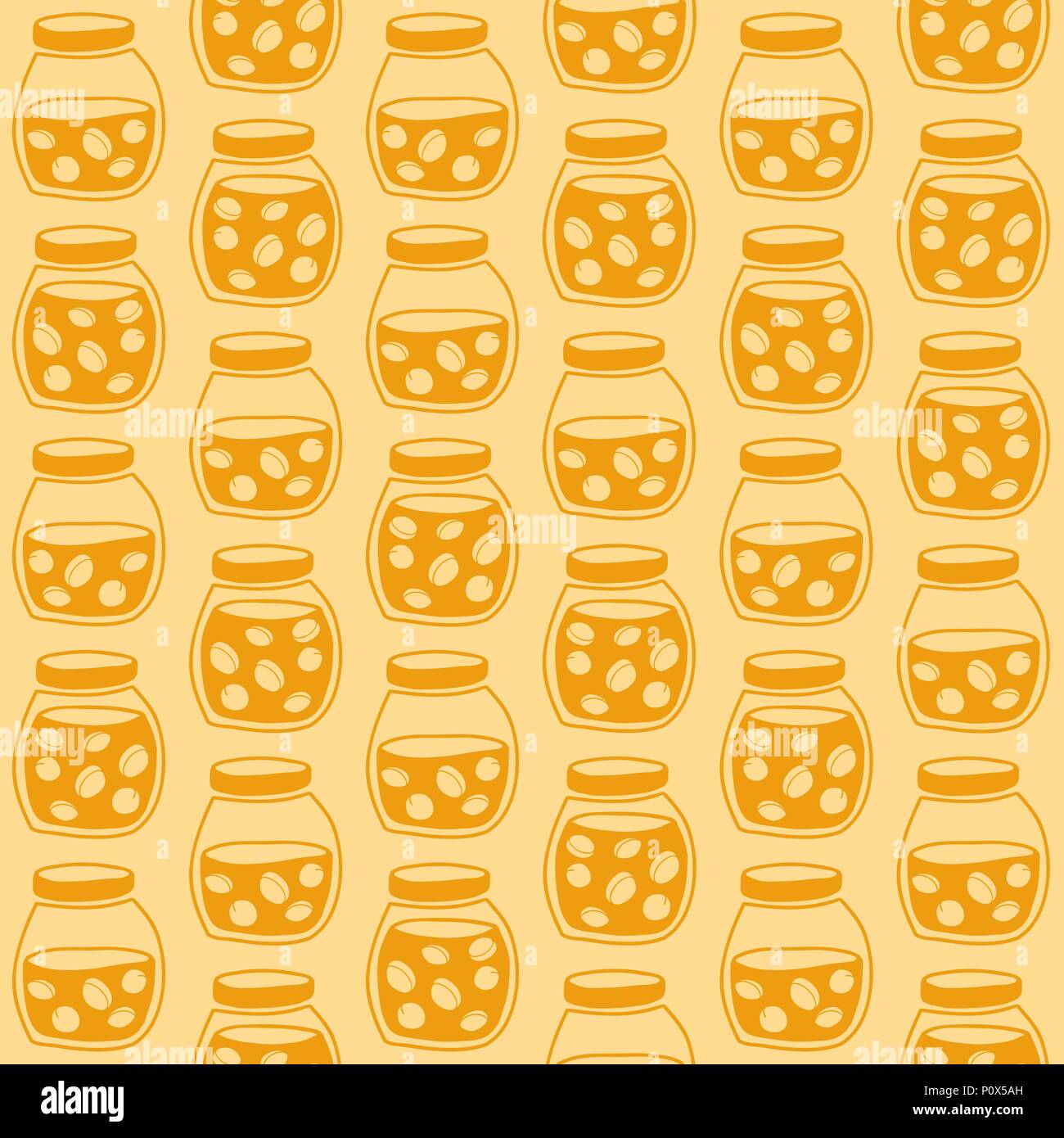 Bright seamless pattern with the apricot jam jars. Plain shadeless background with apricots for decoration or background. Stock Vector