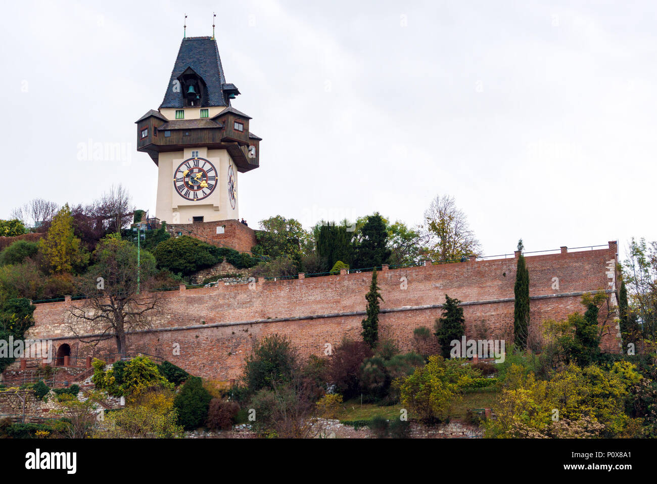 The Schlossberg or Castle Hill with the clock tower Uhrturm, Graz, Austria Stock Photo