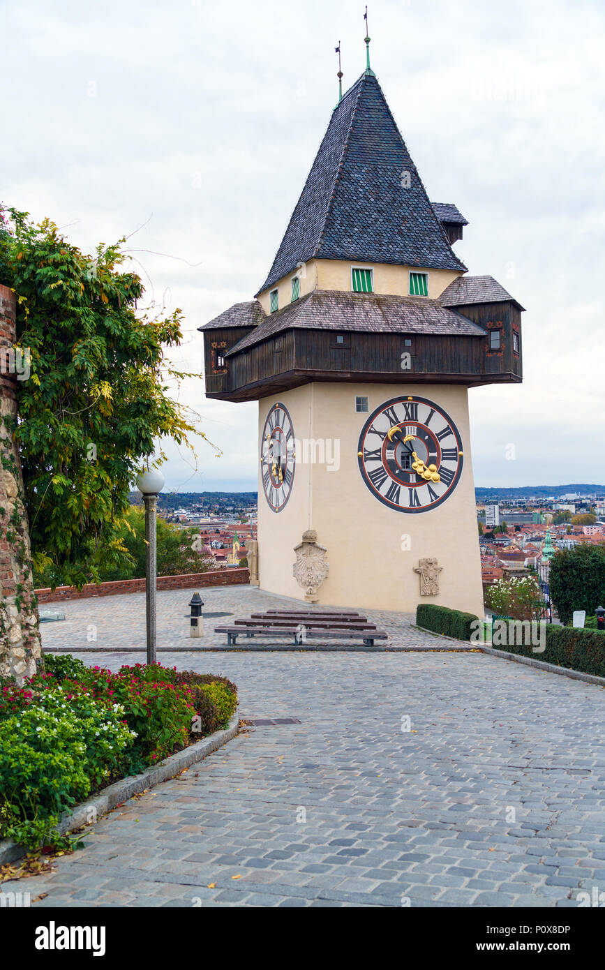 The Schlossberg or Castle Hill with the clock tower Uhrturm, Graz, Austria Stock Photo