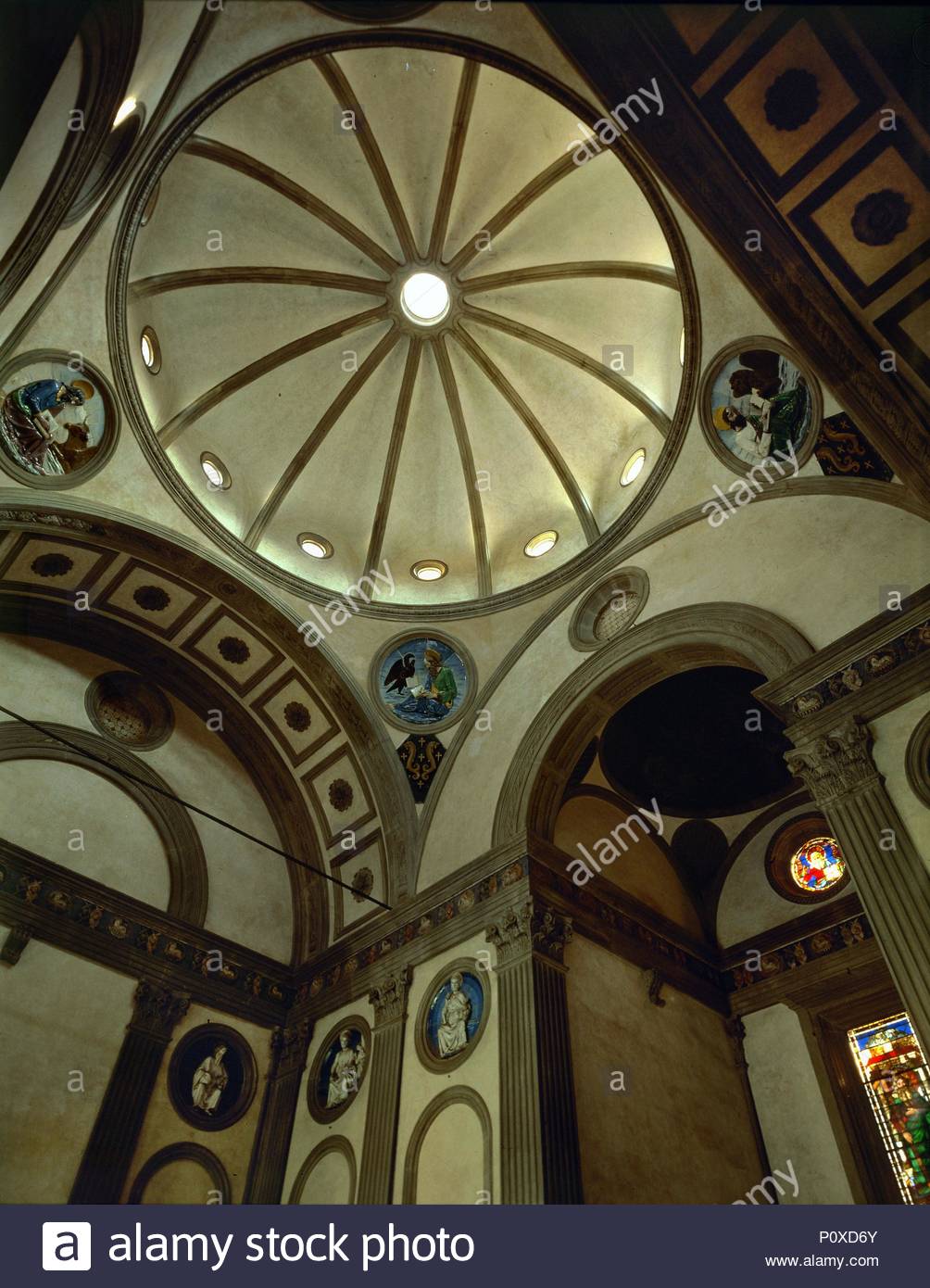 Interior of the Pazzi Chapel in Santa Croce, Florence. Author: Filippo Brunelleschi (1377-1446). Location: Church Santa Croce, Florence, Italy.