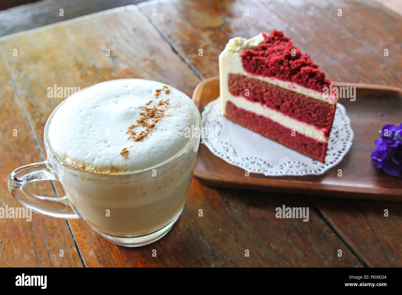 Cup Of Coffee And Red Velvet Cake On Wooden Table Stock Photo Alamy