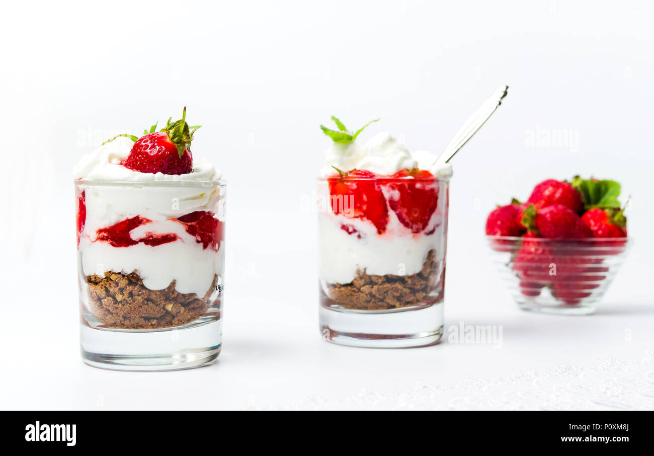 Strawberry parfait for a healthy breakfast on white Stock Photo