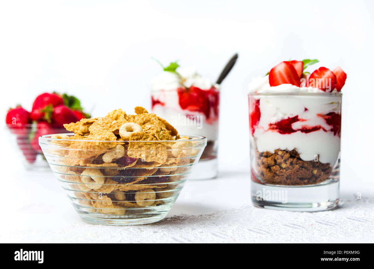 Strawberry parfait and cereals for a healthy breakfast Stock Photo