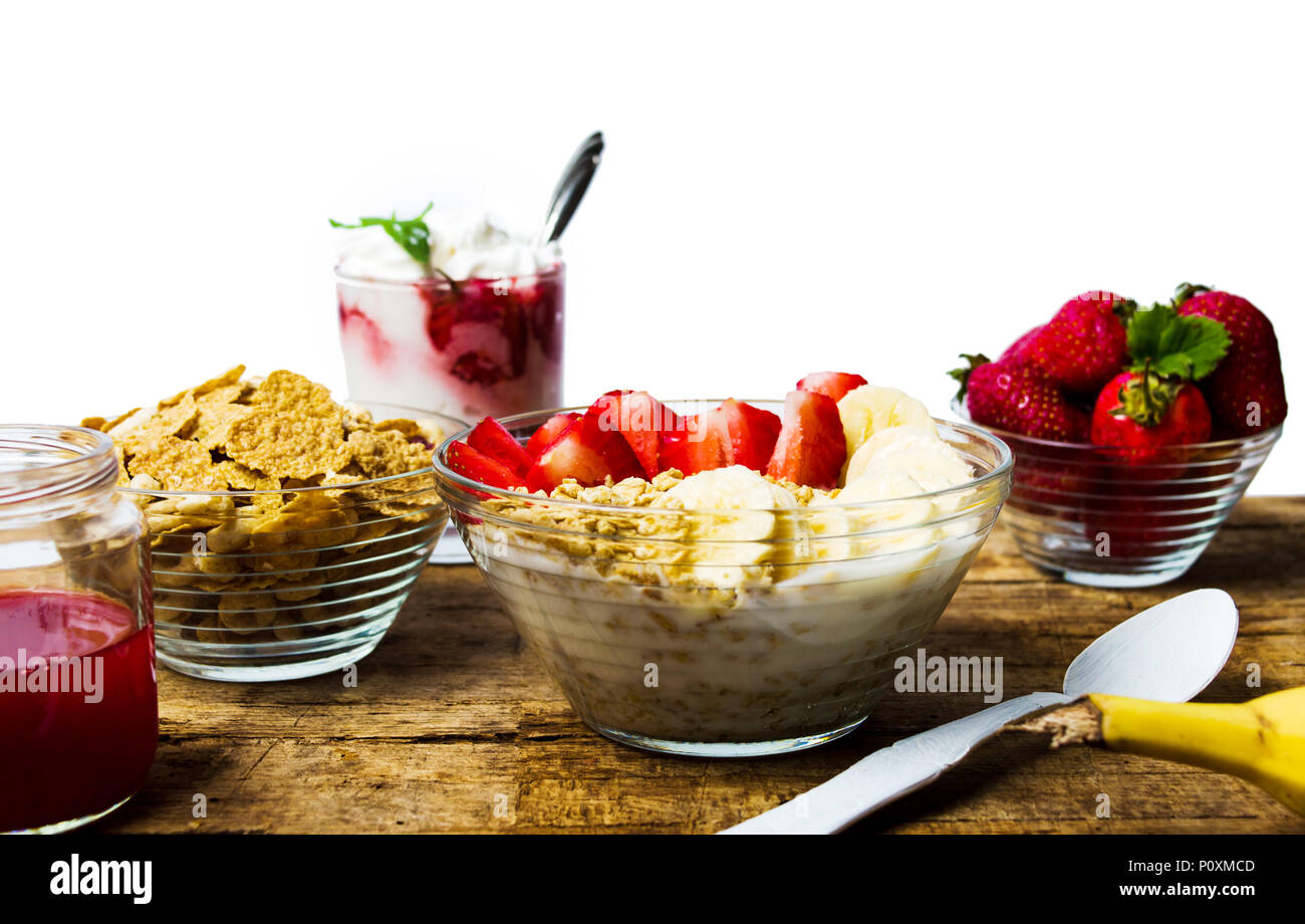 Breakfast cereals with banana and strawberry for healthy meal Stock Photo