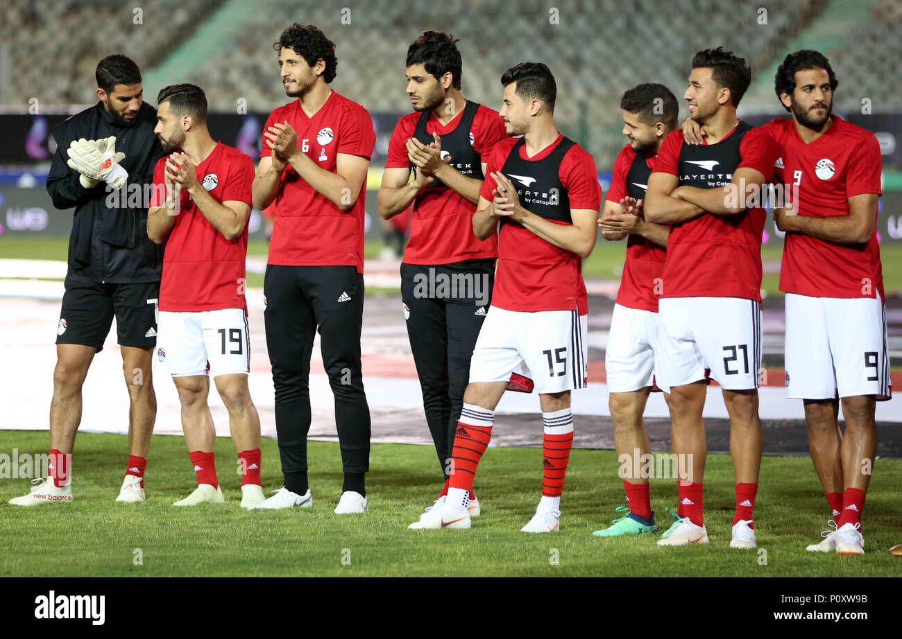 Cairo, Egypt. 9th June, 2018. Egypt's national team football players  participate the final training session before travelling to Russia to  attend World Cup at Cairo international stadium in Cairo on June 9,