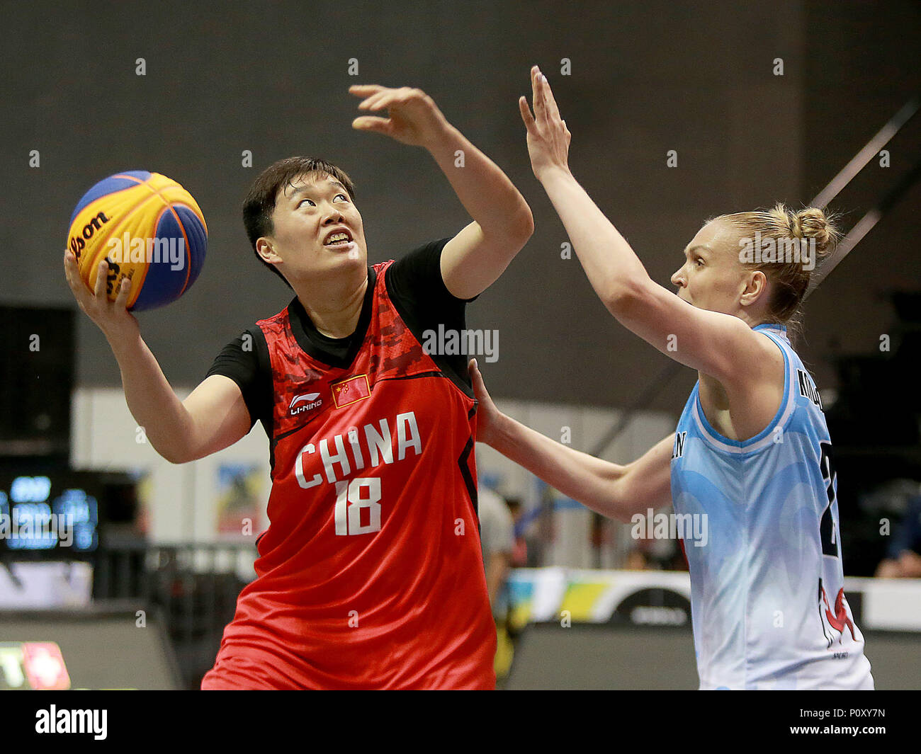 Bulacan Philippines 10th June 18 Zhang Zhiting L Of China Shoots The Ball Against Nadezhda Kondrakova Of Kazakhstan During The Women S Pool B Match In The Fiba 3x3 World Cup In Bulacan