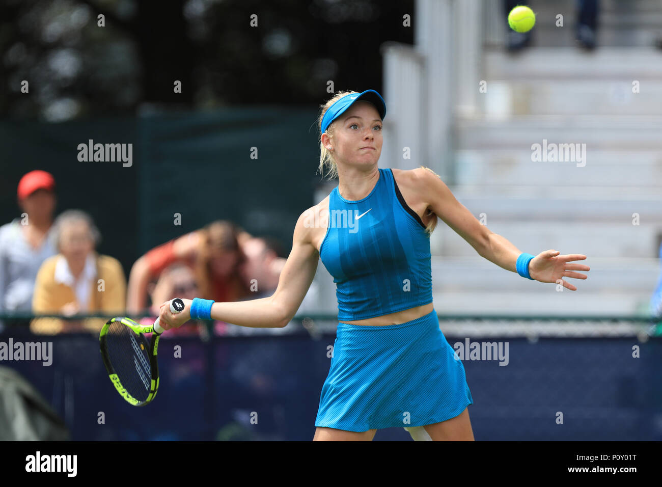 Nottingham Tennis Centre, Nottingham, UK. 10th June, 2018. The Nature Valley Open Tennis Tournament; Katie Swan of Great Britain plays a forehand shot against Paula Badosa Gibert of Spain Credit: Action Plus Sports/Alamy Live News Stock Photo