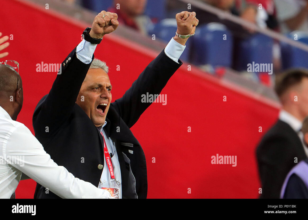 8 June 2018, Poznan, Poland: Soccer, Friendly Match Poland vs. Chile at the INEA Stadium Poznan: Head coach of Chile Reinaldo Rueda cheers over the equalizing score. Photo: Jens Büttner/dpa-Zentralbild/dpa Stock Photo