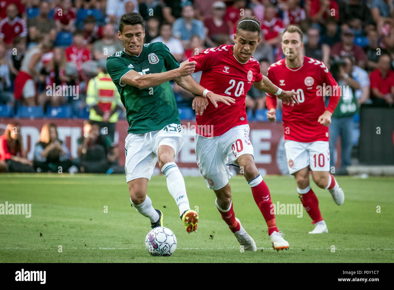 Denmark, Brøndby - June 09, 2018. Yussuf Poulsen (20) of Denmark and Hector Moreno (15) of Mexico seen during the football friendly between Denmark and Mexico at Brøndby Stadion. (Photo credit: Gonzales Photo - Kim M. Leland). Credit: Gonzales Photo/Alamy Live News Stock Photo