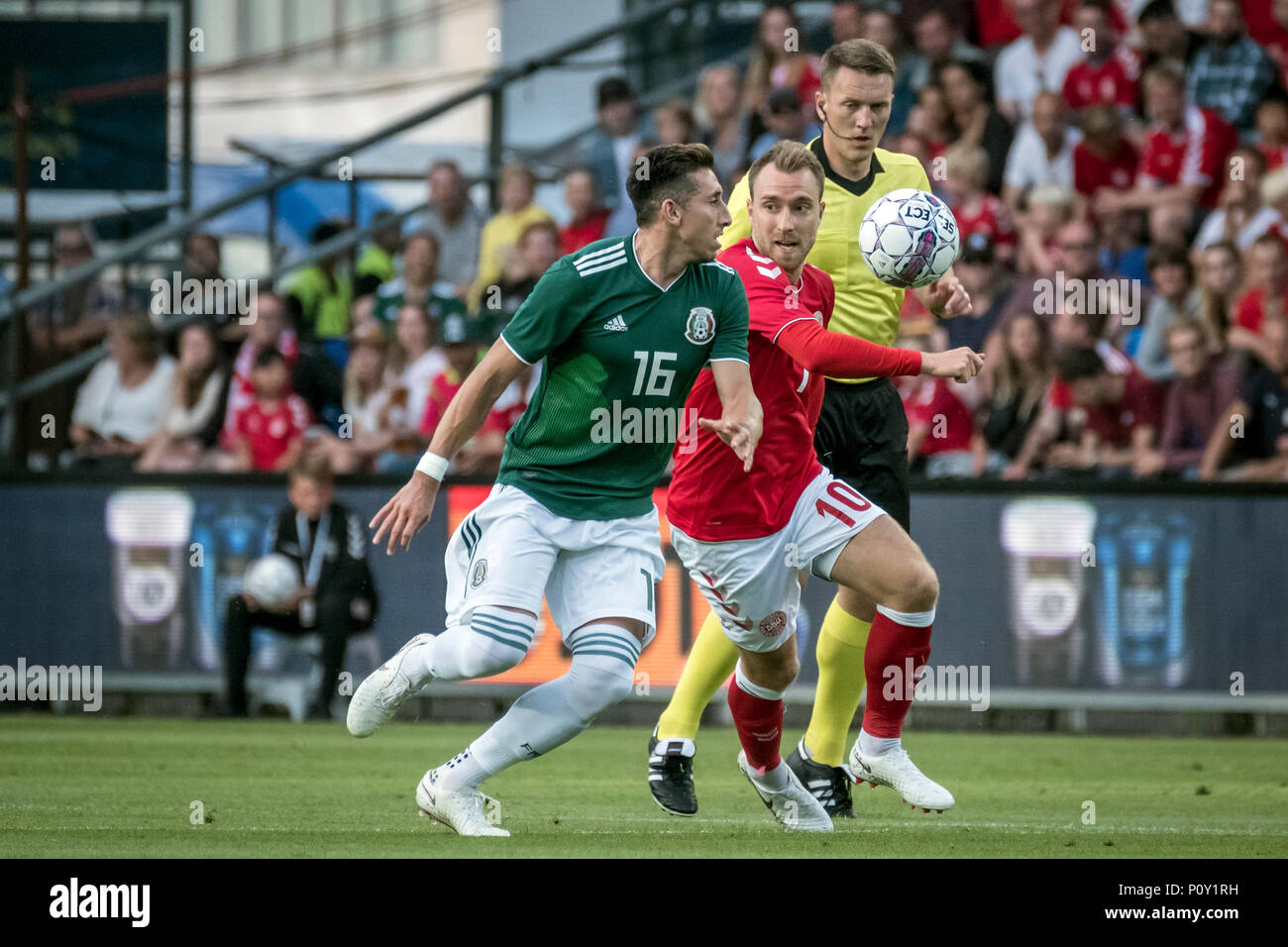 Denmark, Brøndby - June 09, 2018. Christian Eriksen (10) of Denmark and Hector Herrera (16) of Mexico seen during the football friendly between Denmark and Mexico at Brøndby Stadion. (Photo credit: Gonzales Photo - Kim M. Leland). Credit: Gonzales Photo/Alamy Live News Stock Photo