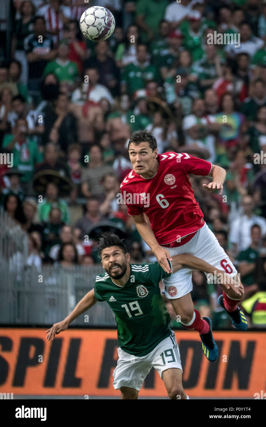 Denmark, Brøndby - June 09, 2018. Andreas Christensen (6) of Denmark seen with Oribe Peralta (19) of Mexico during the football friendly between Denmark and Mexico at Brøndby Stadion. (Photo credit: Gonzales Photo - Kim M. Leland). Credit: Gonzales Photo/Alamy Live News Stock Photo