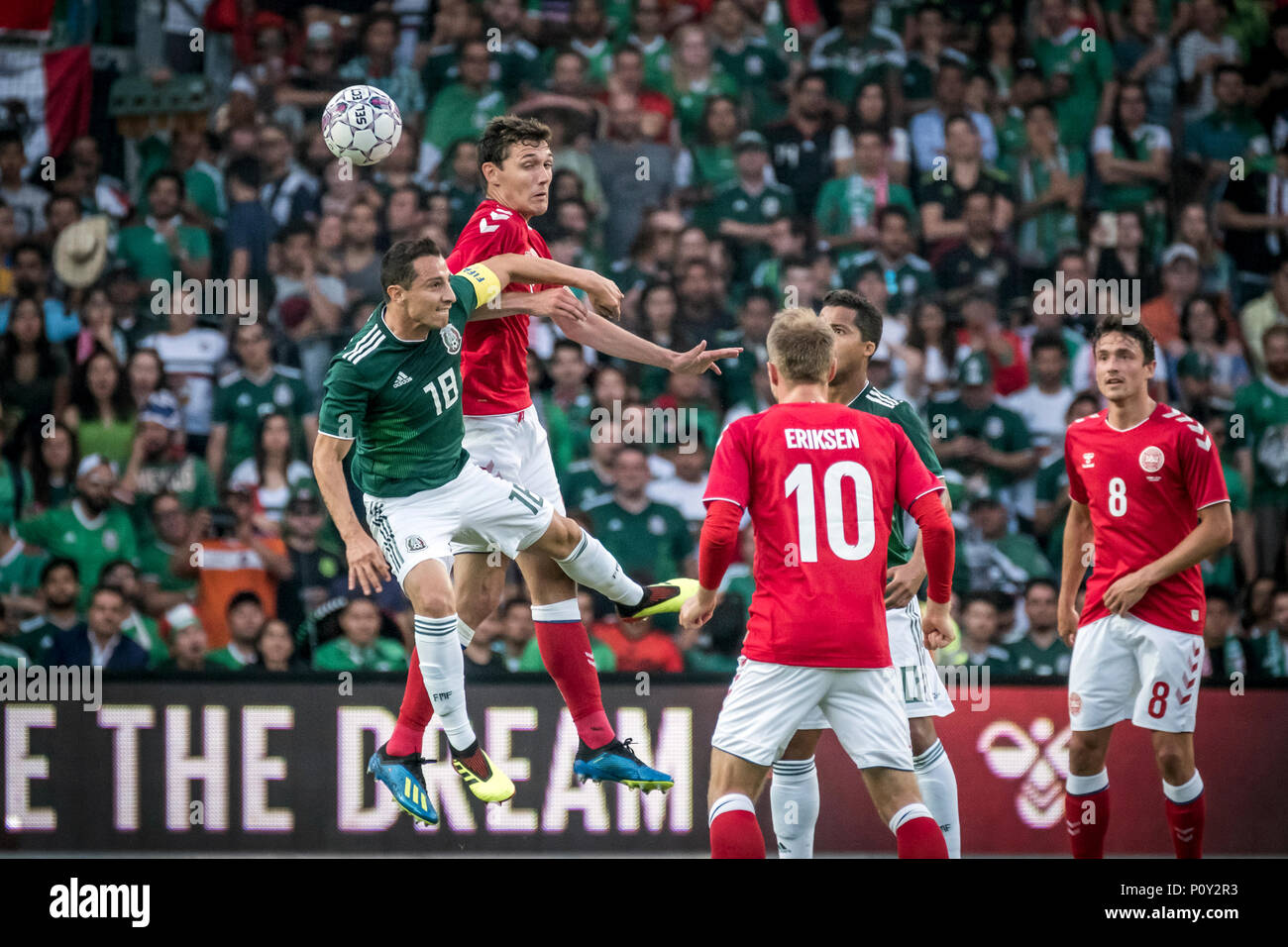 Denmark, Brøndby - June 09, 2018. Andreas Christensen (6) of Denmark and Andres Guardado (18) of Mexico seen during the football friendly between Denmark and Mexico at Brøndby Stadion. (Photo credit: Gonzales Photo - Kim M. Leland). Credit: Gonzales Photo/Alamy Live News Stock Photo