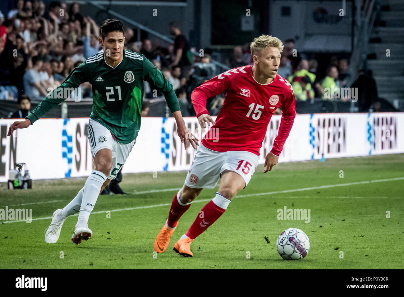 Denmark, Brøndby - June 09, 2018. Viktor Fischer (15) of Denmark and Edson Alvarez (21) of Mexico seen during the football friendly between Denmark and Mexico at Brøndby Stadion. (Photo credit: Gonzales Photo - Kim M. Leland). Credit: Gonzales Photo/Alamy Live News Stock Photo