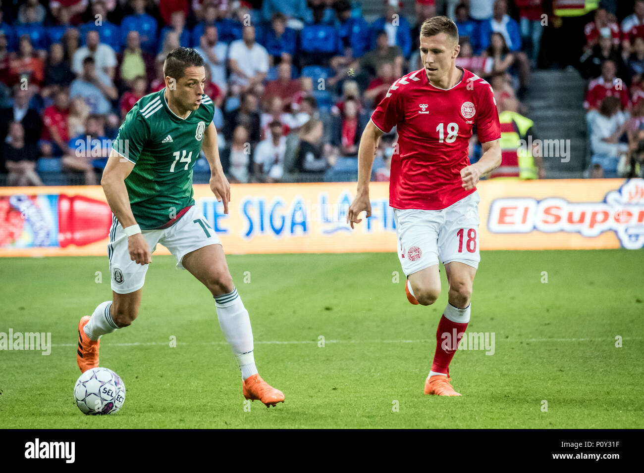 Denmark, Brøndby - June 09, 2018. Javier Hernandez (14) of Mexico and Lukas Lerager (18) of Denmark seen during the football friendly between Denmark and Mexico at Brøndby Stadion. (Photo credit: Gonzales Photo - Kim M. Leland). Credit: Gonzales Photo/Alamy Live News Stock Photo