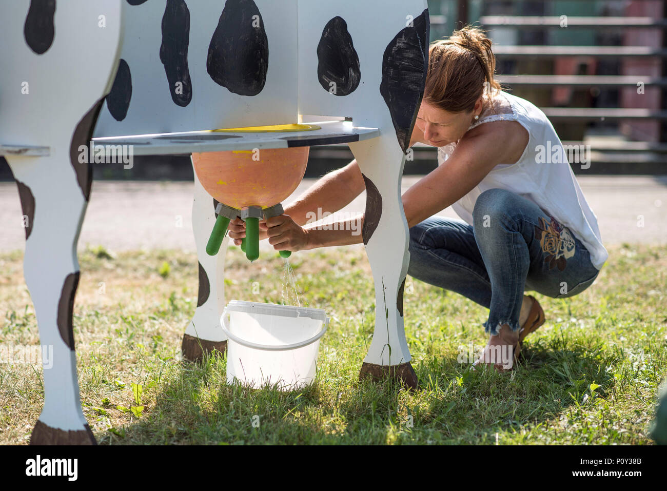 10 June 2018, Germany, Holthusen: A woman tries to milk a dairy cow prop on the farm of the Holthusen agricultural community. On 'Open Farm Day', local farms open their doors to visitors. Photo: Frank Hormann/Nordlicht/dpa-Zentralbild/ZB Credit: dpa picture alliance/Alamy Live News Stock Photo