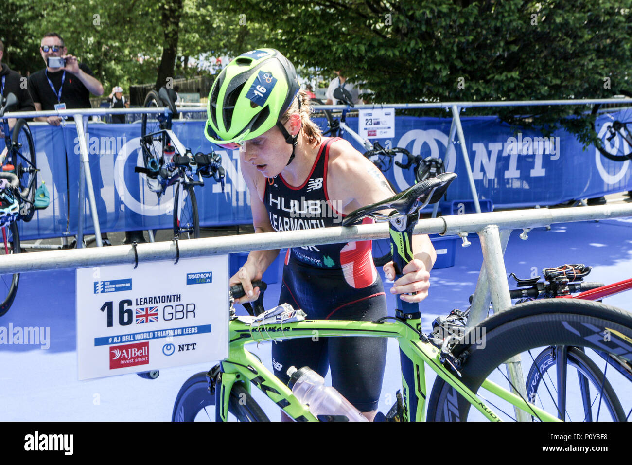 Leeds, UK. 10th June 2018. Jessica Learmonth of Great Britain grabs her bike in transition  in the Elite Womens race.   Credit: Dan Cooke Credit: Dan Cooke/Alamy Live News Stock Photo