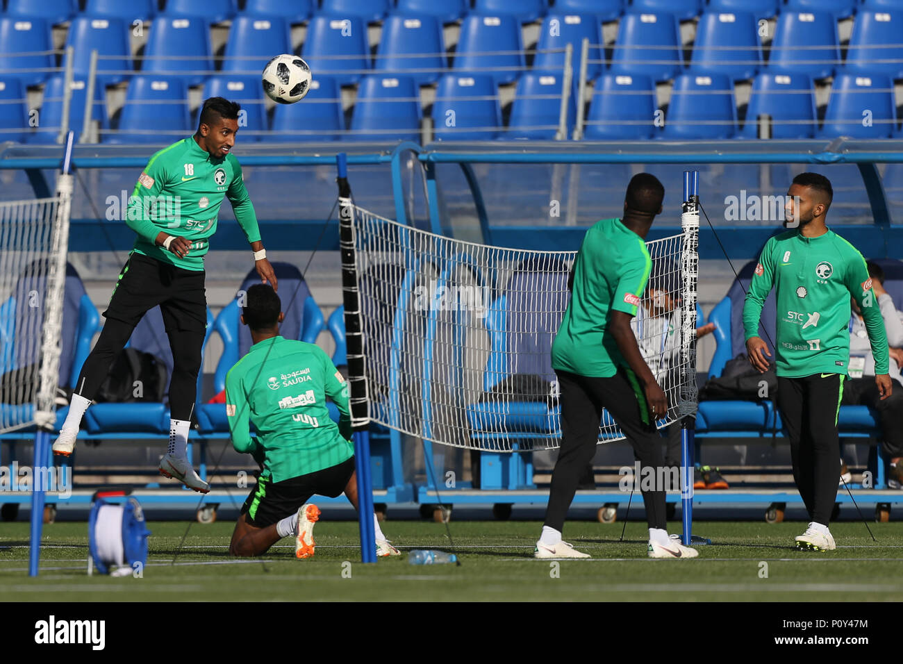Players of the Saudi Arabia national football team attend a training session at Petrovsky Stadium in Saint Petersburg, ahead of the Russia 2018 World Cup. Stock Photo