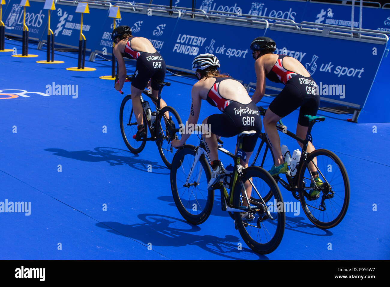 Leeds, UK - 10 June 2018.  British Triathletes Jodie Stimpson, Georgia Taylor-Brown and Sophie Coldwell competing in the AJ Bell World Triathlon Series race in Leeds. Credit: James Copeland/Alamy Live News Stock Photo
