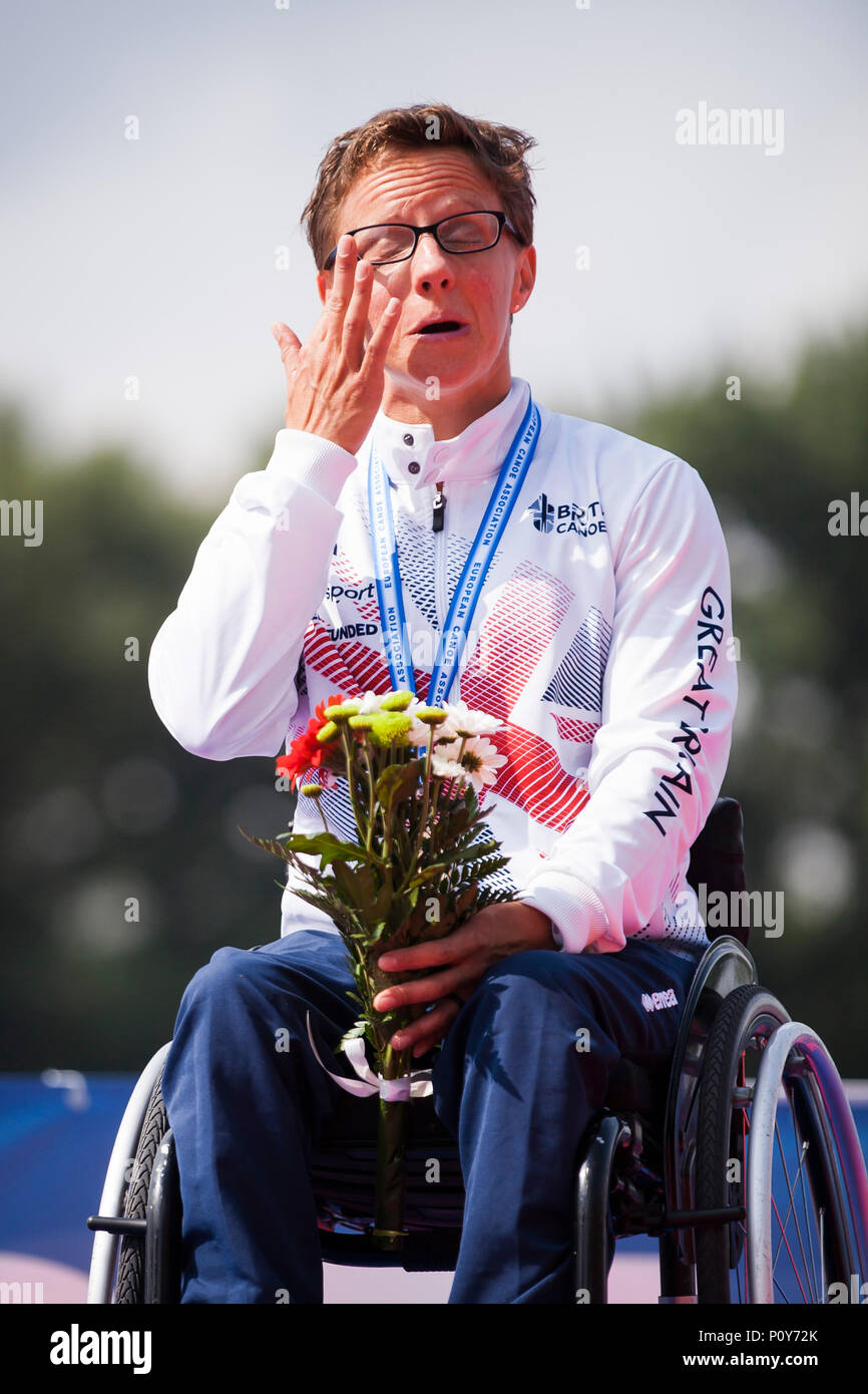 Belgrade, Serbia. 10th Jun, 2018. Emma Wiggs of GBR celebrates on the podium at the medal ceremony for the Women's KL2, 200m sprint race Credit: Nikola Krstic/Alamy Live News Stock Photo