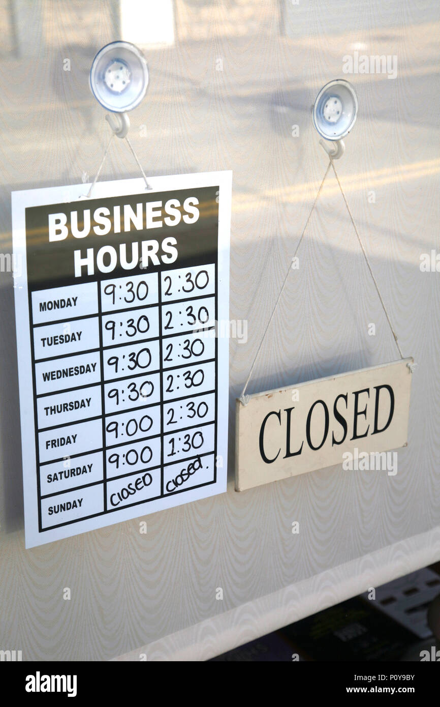 Opening hours in a small cafe in Dinnington South Yorkshire an old