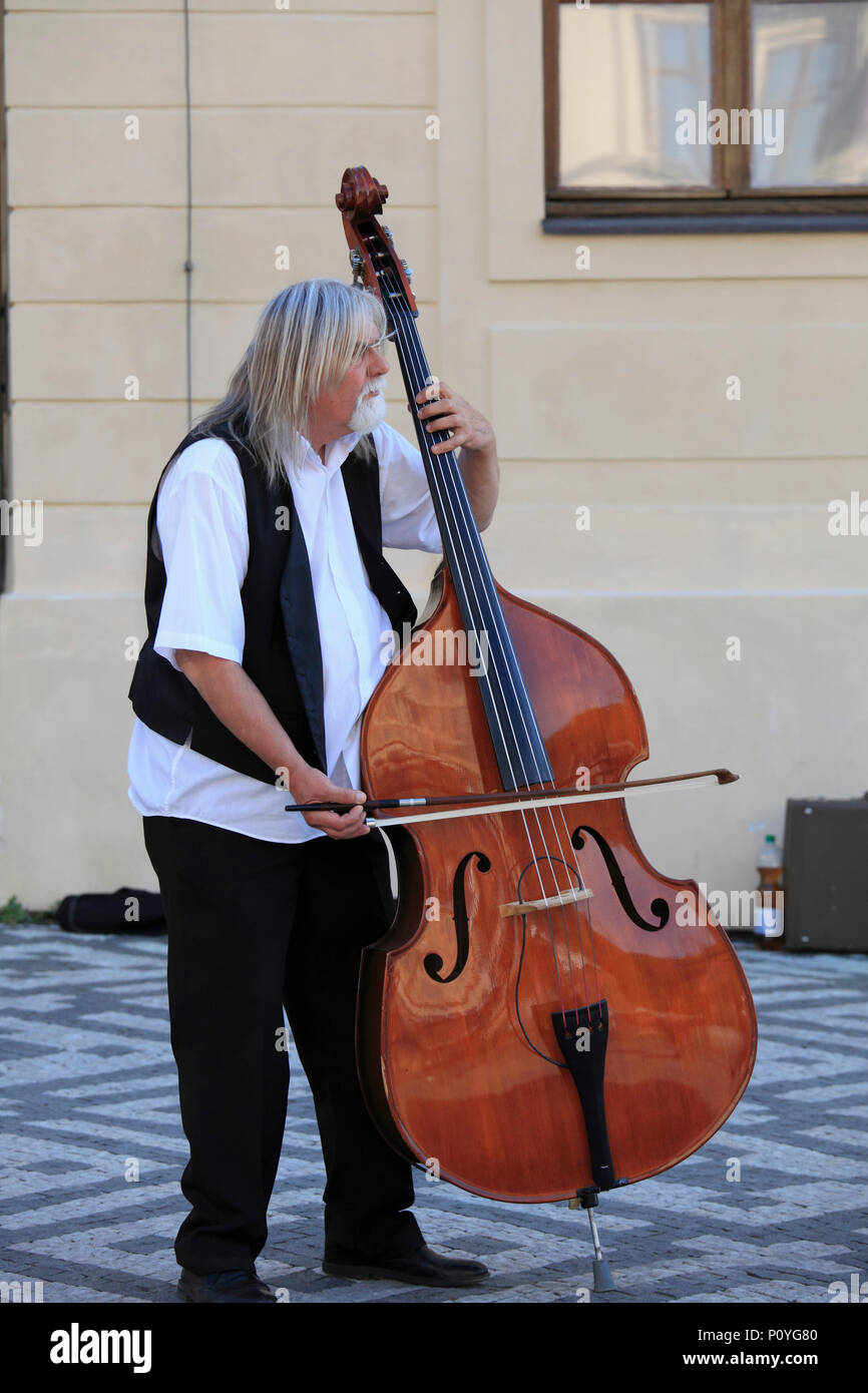 Czech Republic, Prague, street musician, double bass player, Stock Photo