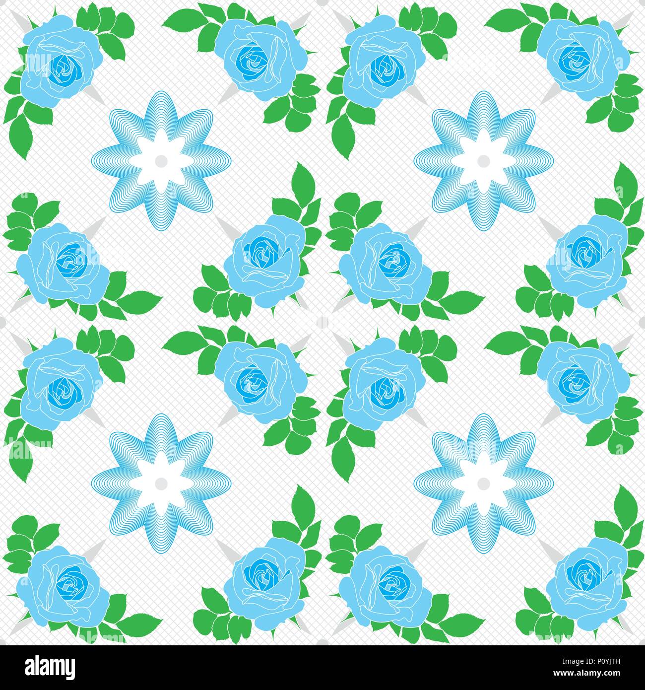 Vector seamless pattern. Blue roses on white background with geometric decoration. Stock Vector
