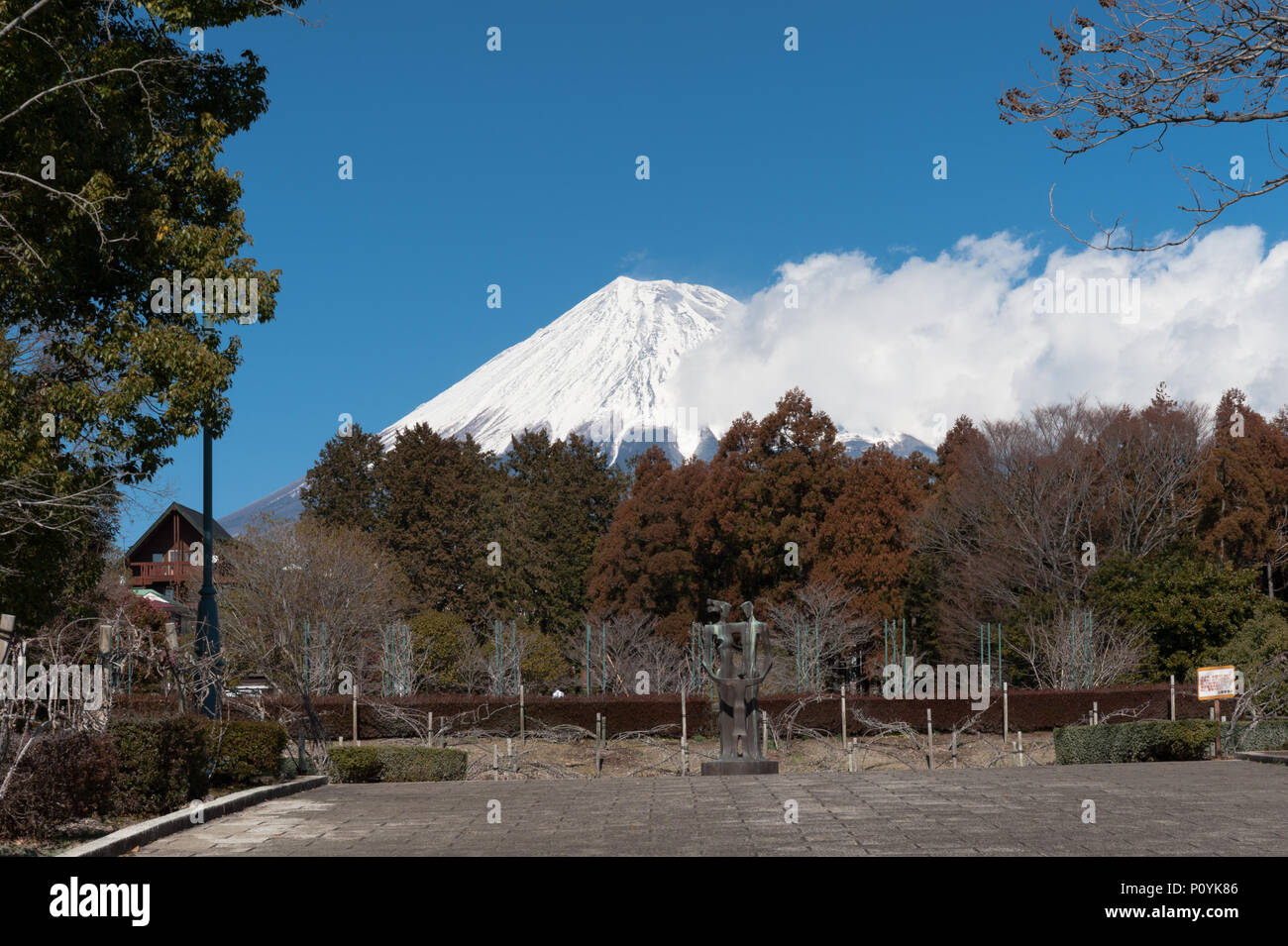 Shizuoka Prefecture, Fuji City, Hiromi Park, Japan - February 16, 2013. Beautiful view of Mount Fuji in winter with blue sky and white clouds. Stock Photo