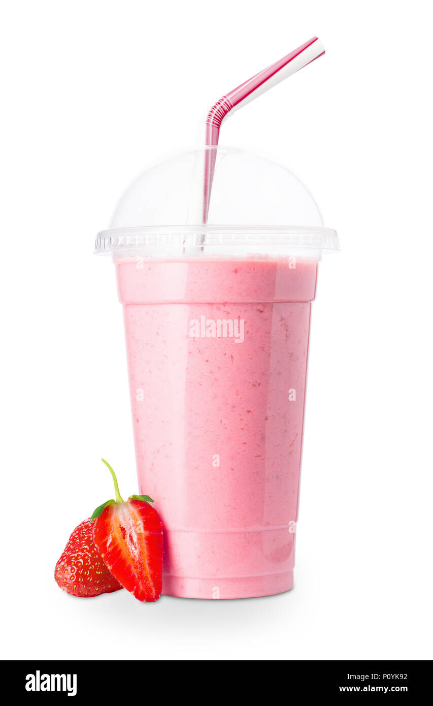 strawberry smoothie or milkshake with straw in disposable plastic glass and fresh berries isolated on white background Stock Photo