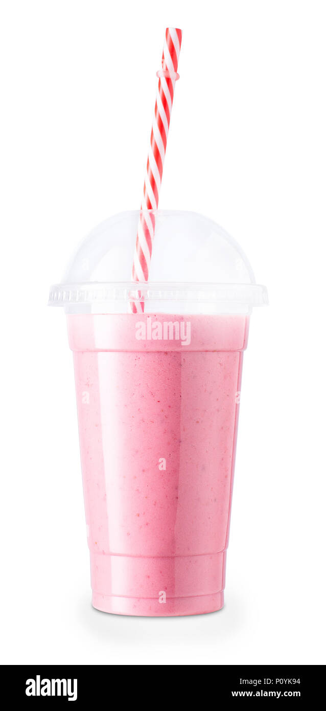 strawberry smoothie or milkshake with straw in disposable plastic glass isolated on white background Stock Photo