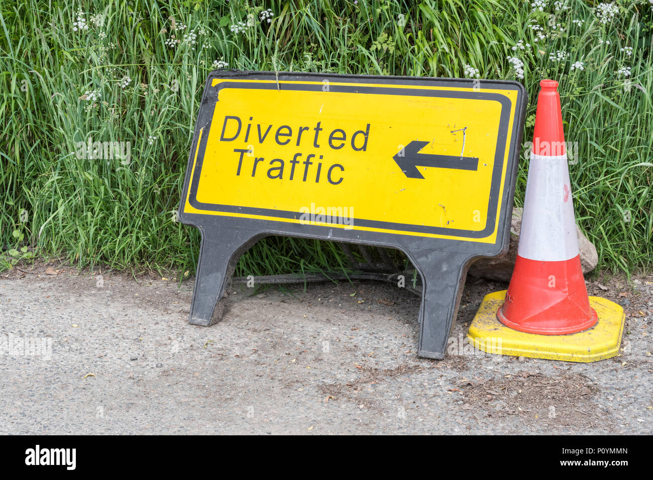Yellow 'Diverted Traffic' sign. For for lost data, alternative routes