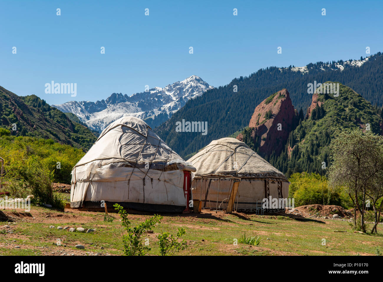 Yurts in Jety Oguz Gorge, near Karakol, Kyrgyzstan Stock Photo