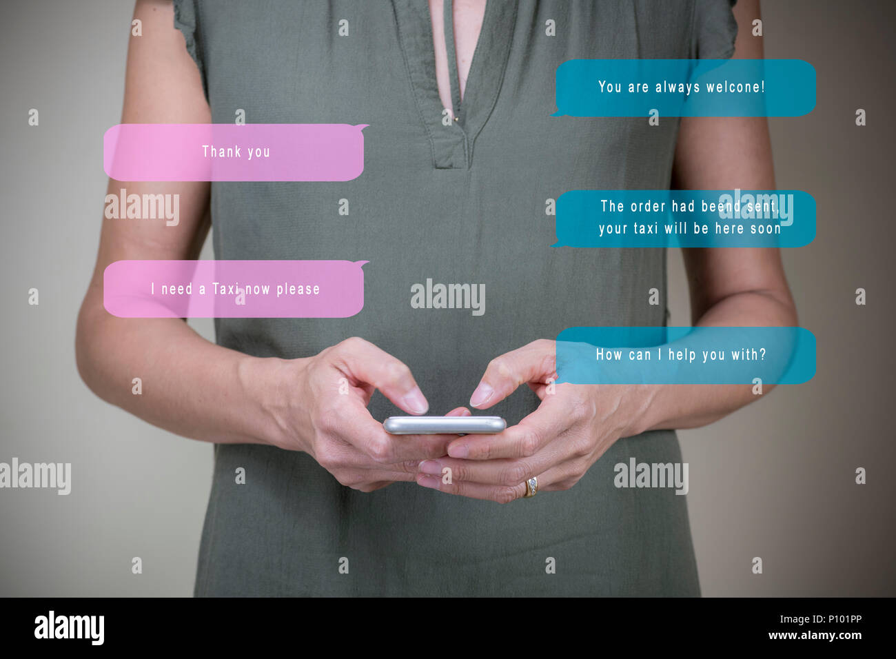 Woman chatting with a chatbot on her smartphone to book a taxi, modern technology simplifies everyday tasks and enhances convenience, tech concept Stock Photo