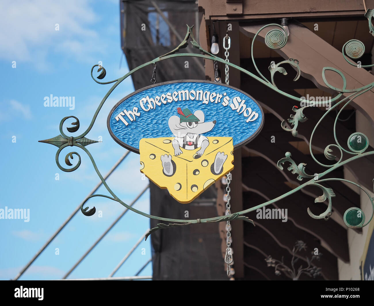 Sign of "The Cheesemonger's Shop" cheese shop in Leavenworth, WA, USA