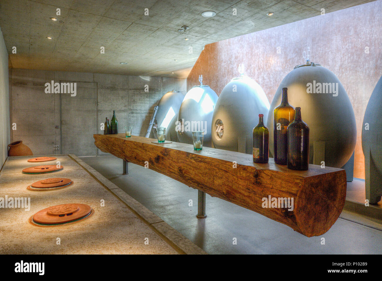 fermentation cellar with congrete eggs, Weingut am Stein, Würzburg, Germany Stock Photo