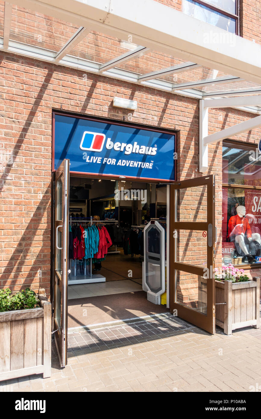 Entrance to the Berghaus outdoor clothing and equipment shop at Gretna Gateway Outlet Village, a 'strip mall' in the very south of Scotland. Stock Photo