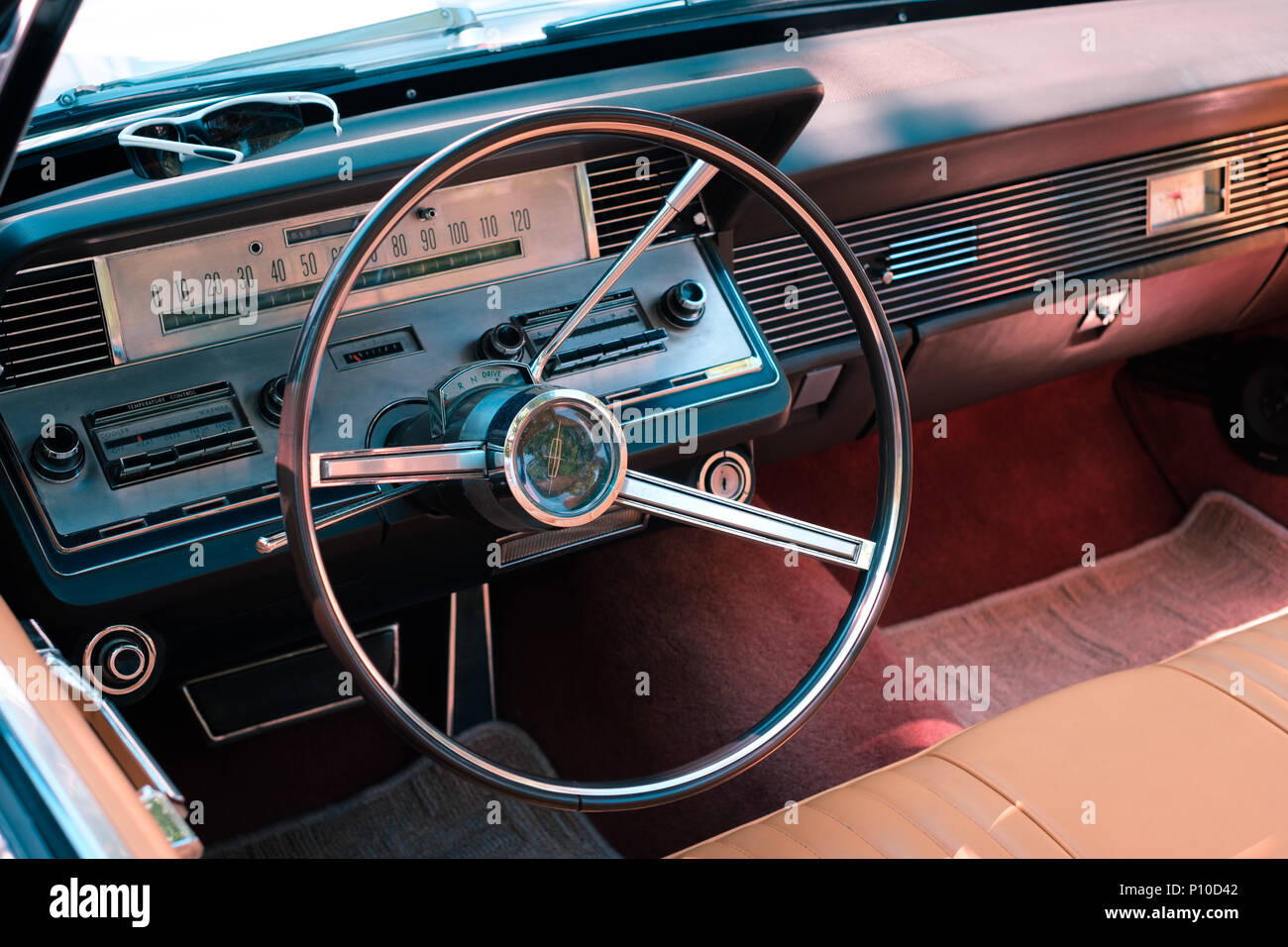 Berlin, Germany - june 09, 2018: Steering wheel,  interior and dashboard of  vintage car cockpit at Classic Days, Oldtimer  automobile event in Berlin Stock Photo