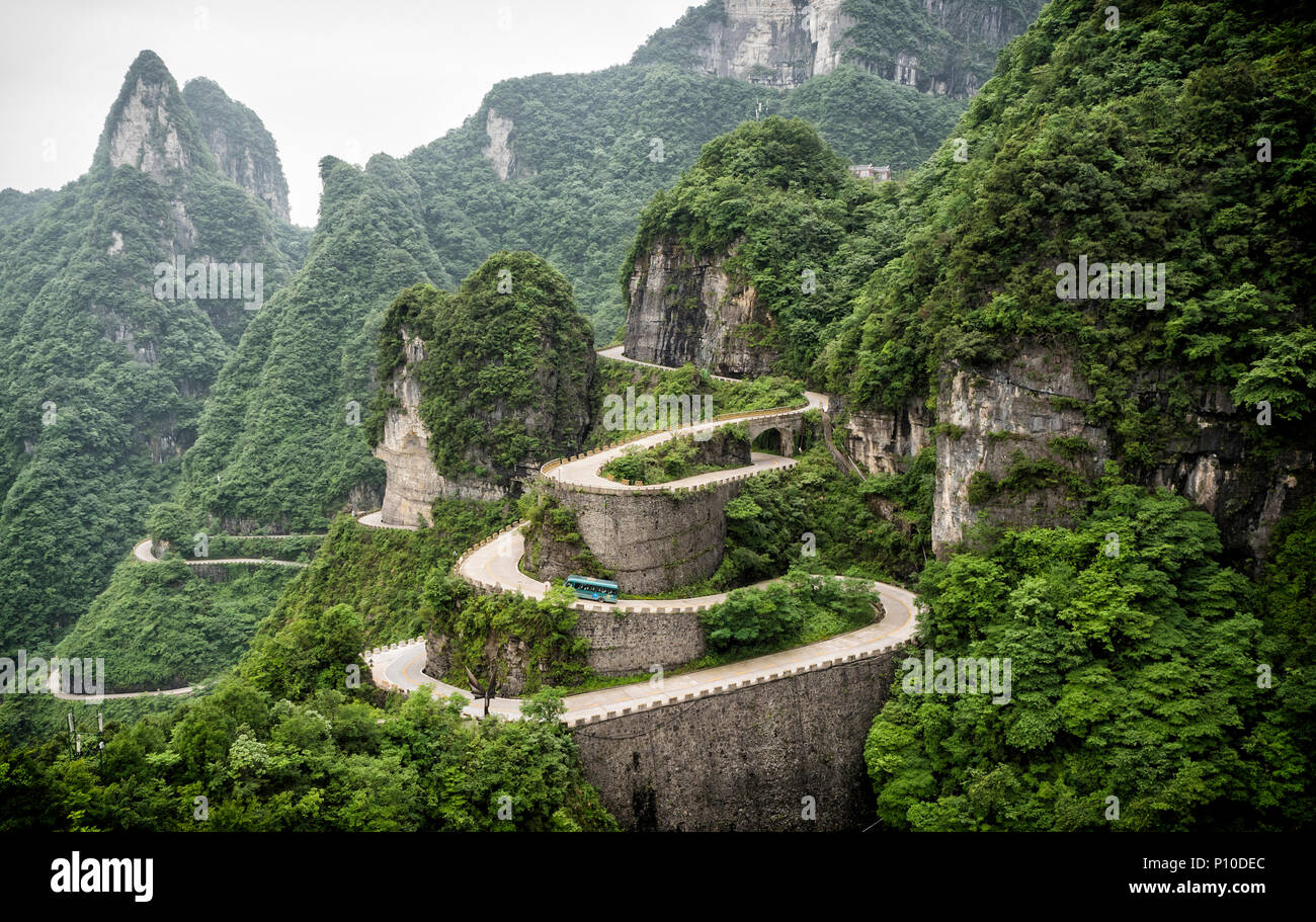 A view of the dangerous 99 curves at the Tongtian Road to Tianmen