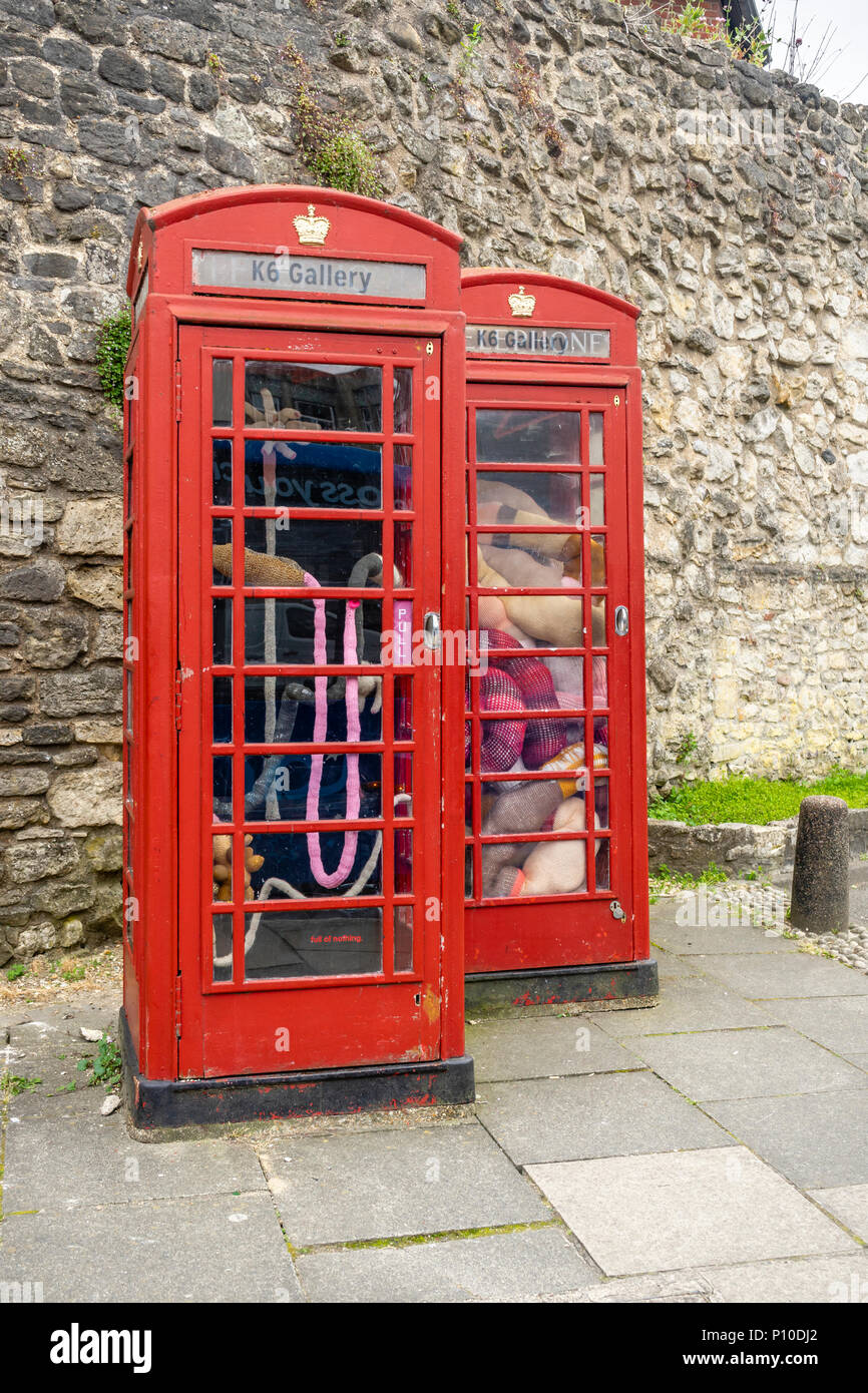 'Stuffed' exhibition at the K6 Gallery in Southampton which is on display in two Grade II listed red telephone boxes, Southampton, England, UK Stock Photo