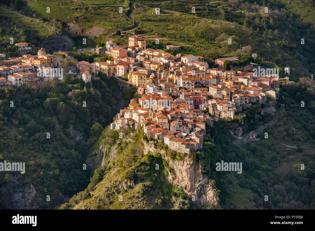 Hill town of Tortora, view from road to Aieta, Alto Tirreno Cosentino, Pollino National Park, Southern Apennines, Calabria, Italy Stock Photo