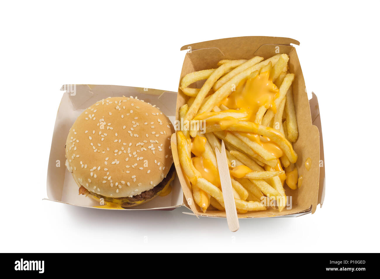 Tasty burger and french fries with yellow cheese, fast food and unhealthy eating concept, fast food snacks isolated in white background top view with  Stock Photo