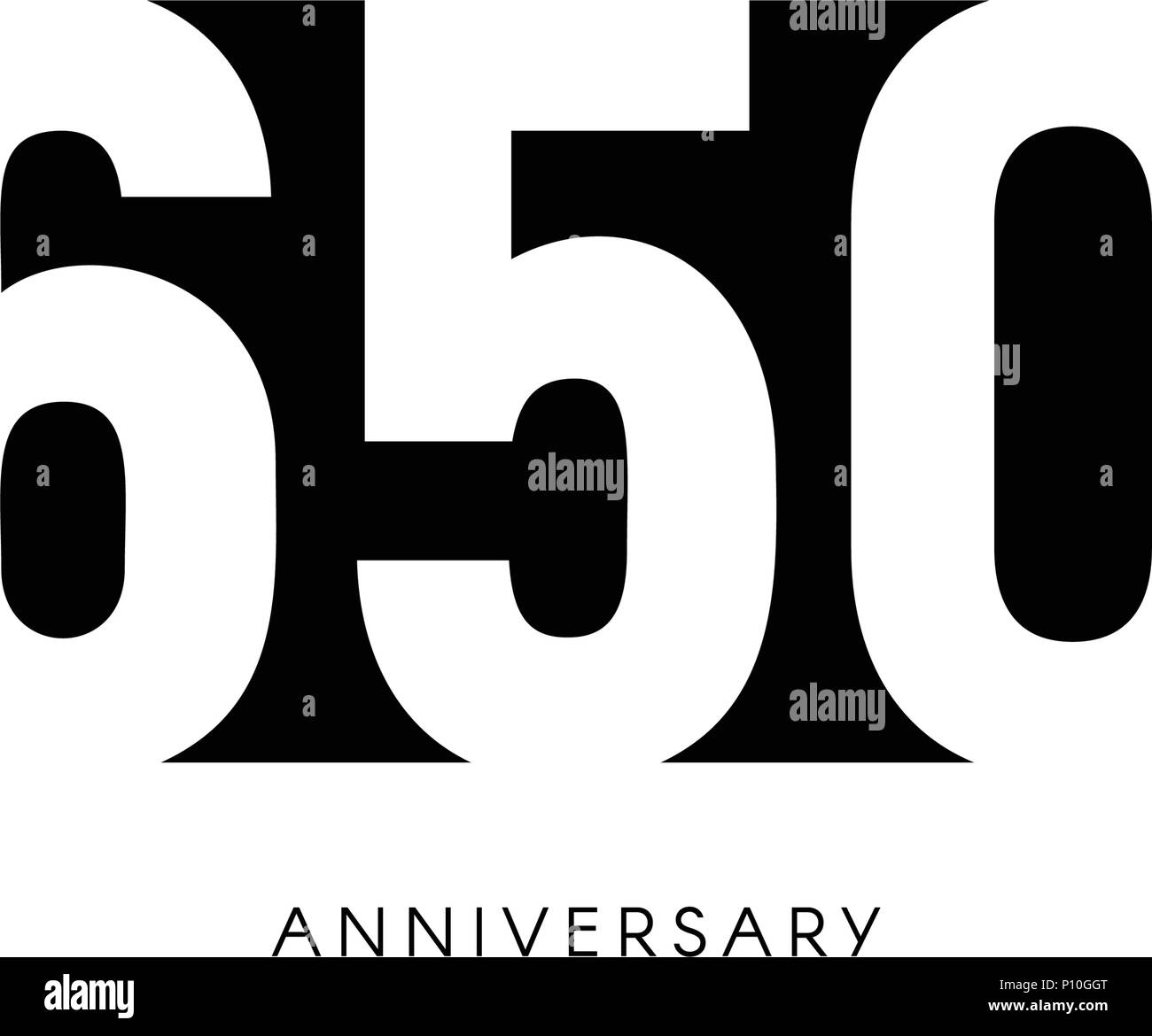 Six hundred fifty anniversary, minimalistic logo. Six hundred fiftieth years, 650th jubilee, greeting card. Birthday invitation. 650 year sign. Black negative space vector illustration on white background. Stock Vector