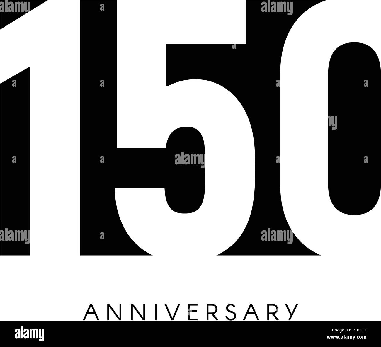 One hundred fifty anniversary, minimalistic logo. One hundred fiftieth years, 150th jubilee, greeting card. Birthday invitation. 150 year sign. Black negative space vector illustration on white background. Stock Vector