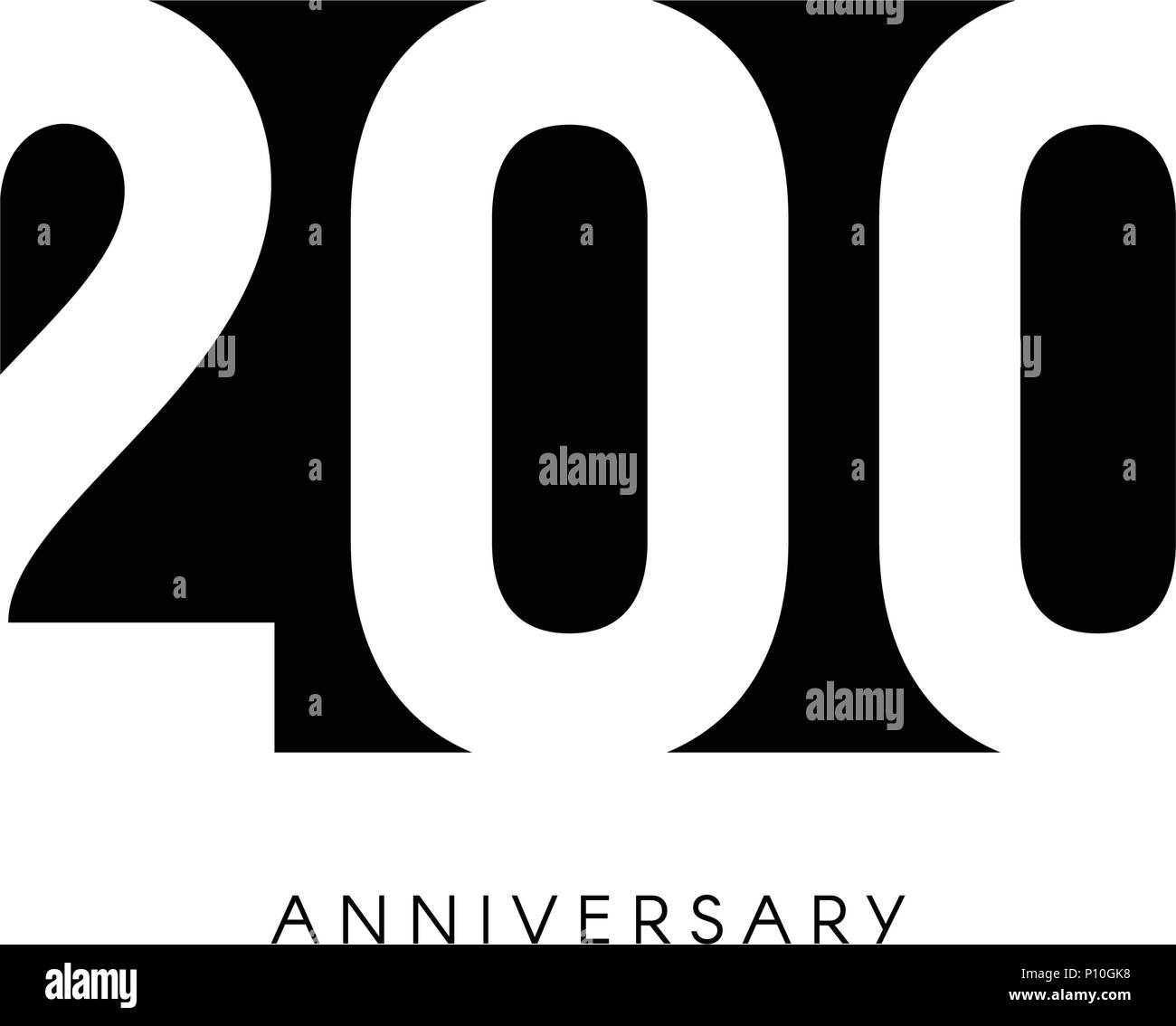 Two hundred anniversary, minimalistic logo. Two-hundredth years, 200th jubilee, greeting card. Birthday invitation. 200 year sign. Black negative space vector illustration on white background. Stock Vector