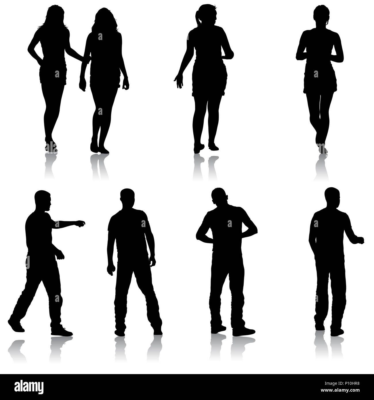 Black Silhouette Group Of People Standing In Various Poses Stock  Illustration - Download Image Now - iStock