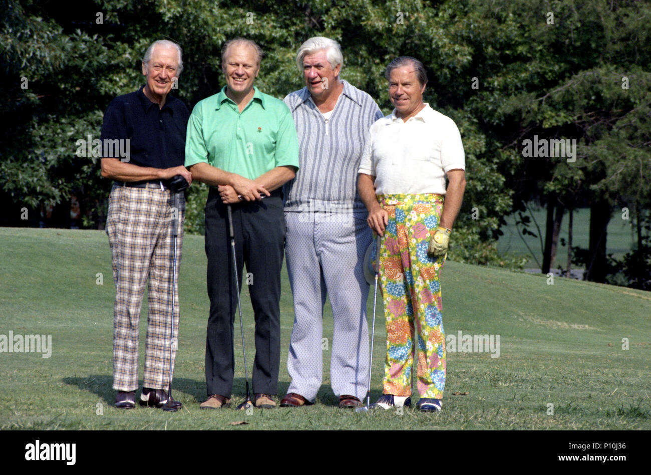 1974, September 16 – Andrews Air Force Base Golf Course – Andrews Air Force Base, MD – Gerald R. Ford, Representatives John Rhodes, Leslie Arends, Thomas P. “Tip” O'Neill– standing, posing – Third Annual Congressional Golf Tournament; US Representatives from Illinois (IL), Arizona (AZ), Massachusetts (MA) - Andrews Air Force Base, Maryland Stock Photo